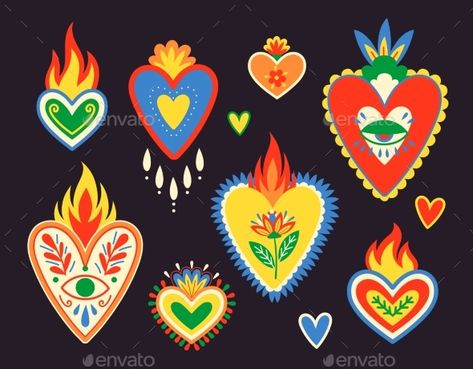 Mexican Sacred Hearts Set Mexican Heart Illustration, Social Media Stickers, Latin Wedding, Sacred Heart Art, Happy Future, Punch Needle Ideas, Flaming Heart, Recycling Crafts, Sacred Hearts