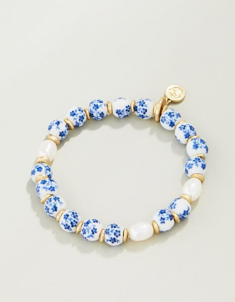 Ceramic Bead Stretch Bracelet 8mm Blue Flowers from Spartina 449 Rush Jewelry, Pinterest Clothes, Cute Blue Jewelry With Colorful Beads, Cute Blue Beaded Jewelry, Beachy Blue Jewelry With Colorful Beads, Bracelet Inspired, Coastal Granddaughter Beaded Jewelry, Playful Blue Beaded Bracelets, Ceramic Beads Bracelet