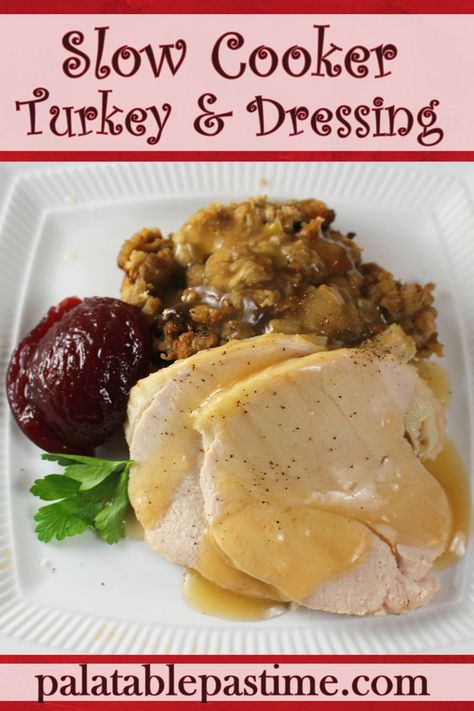 Slow Cooker Turkey and Dressing creates crockpot cooked boneless breast along with a savory dressing or stuffing and one pot ease. via @suelau1 Turkey Breast And Stuffing Crockpot, Crockpot Turkey Breast And Stuffing, Crockpot Turkey And Dressing, Crockpot Turkey And Stuffing, Giblet Gravy Easy, Turkey And Dressing, Turkey Breast Crockpot, Amazing Slow Cooker Recipes, Turkey Crockpot Recipes