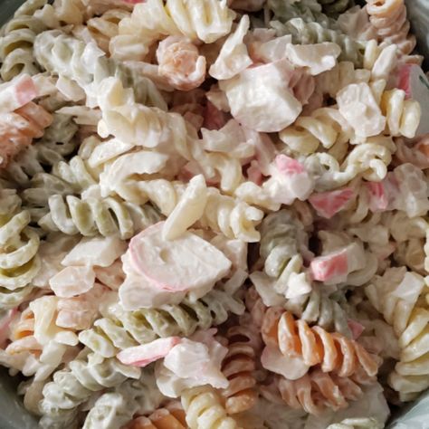 Easy Crab Pasta Salad Cold Crab Pasta Salad, Crab Pasta Salad Recipes Cold, Crab Salad Recipe Pasta, Seafood Pasta Salad Crab And Shrimp, Imation Crab Salad Recipes, Crab And Shrimp Pasta, Pasta Crab Salad, Creamy Crab Pasta, Crab Meat Pasta