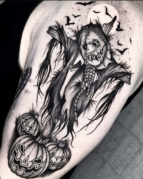 Halloween Forearm Tattoo, Scarecrow Tattoo, Halloween Tattoo Ideas, Monster Tattoo, Japan Tattoo Design, Scary Tattoos, Spooky Tattoos, Halloween Tattoo, Outline Drawing