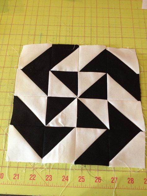 Block 44 by knitnlit, via Flickr Hollow Cube Quilt Block Pattern, Doubly Striped Half Square Triangle Block, Half Square Triangle Quilts Pattern, Half Square Triangle Quilts, Quilt Square Patterns, Half Square Triangle, Barn Quilt Patterns, Triangle Quilt, Quilt Block Tutorial