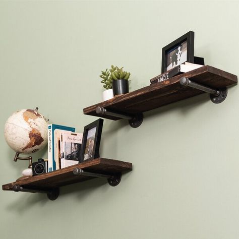 Williston Forge Hazle 2 Piece Solid Wood Floating Shelf & Reviews | Wayfair Restore Wood, Wood Floating Shelf, Decor Shelves, Pipe Decor, Ponderosa Pine, Wall Shelf Decor, Solid Wood Desk, Industrial Pipe, Wood Floating Shelves