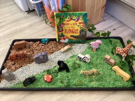 Safari Small World Play, Zoo Tuff Tray Ideas, Jungle Tuff Tray Ideas, Jungle Sensory Play, Zoo Tuff Tray, Jungle Animals Preschool, Jungle Theme Activities, Zoo Animal Activities, Animals Preschool