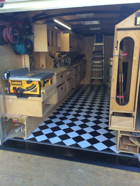 Ron paulk inspired trailer design Work Trailer Shelving Ideas, Contractor Van Organization, Box Trailer Workshop, Enclosed Trailer Workshop, Trailer Workshop, Cargo Trailer Workshop, Ron Paulk, Construction Trailer, Trailer Shelving