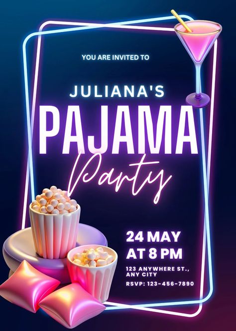 Шаблони Pajamas Party Theme, Movie Night Pajama Party, Pyjama Birthday Party Ideas, Pajama Themed Birthday Party, Invitation Pyjama Party, Pajama Party Invitations Template, Pj Party Invitations, Adult Pj Party Ideas, Hotel Party Ideas For Teens