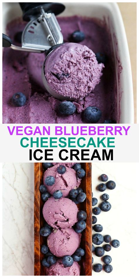 This Vegan Blueberry Cheesecake Ice Cream is dairy-free and made from fruit and naturally sweetened. Made with cashews, yogurt and coconut milk. #vegan #blueberry #cheesecake #icecream #dairyfree Vegan Blueberry Cheesecake, Blueberry Cheesecake Ice Cream, Vegan Ice Cream Recipe, Blueberry Ice Cream, Cheesecake Ice Cream, Dairy Free Ice Cream, Vegan Blueberry, Lost 100 Pounds, Healthy Ice Cream