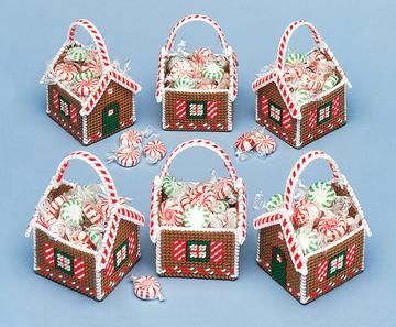 Mini Gingerbread House, Canvas Coasters, Plastic Craft, Treat Basket, Mary Maxim, Plastic Canvas Stitches, Plastic Canvas Christmas, Plastic Canvas Patterns Free, Christmas Baskets