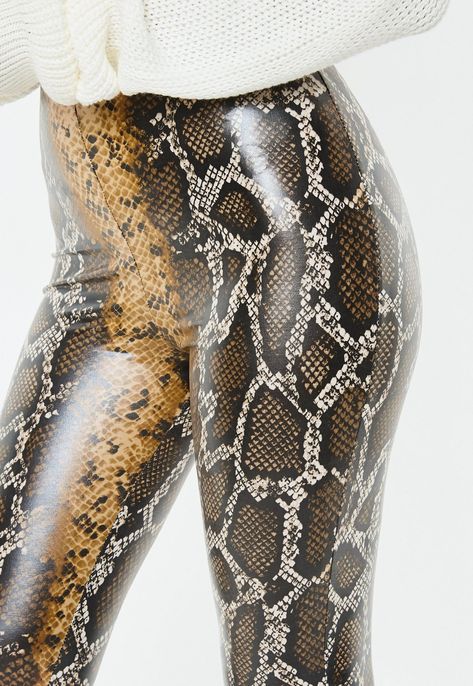 Brown Snake Print Wet Look Leggings. Order today & shop it like it’s hot at Missguided. Snake Skin Outfit, Printed Leggings Outfit, Snakeskin Pants, Skin Outfit, Snake Leggings, Wet Look Leggings, Pantyhose Fashion, Brown Snake, Shiny Pants