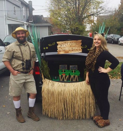 Jungle safari trunk or treat Jungle Trunk Or Treat, Safari Costume Women, Trunk N Treat Ideas, Jungle Costumes, Trunk Or Treat Decorating Ideas, Mystery Island Vbs, Jungle Costume, Halloween Prom, Safari Costume