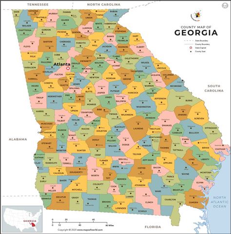 Georgia County Map - Find a map of Georgia, USA showing all the 159 counties and its county seats along with the capital city. Map Of Georgia, Walker County, Georgia Map, Map Pictures, County Map, Georgia Usa, Usa Map, Educational Worksheets, State Map