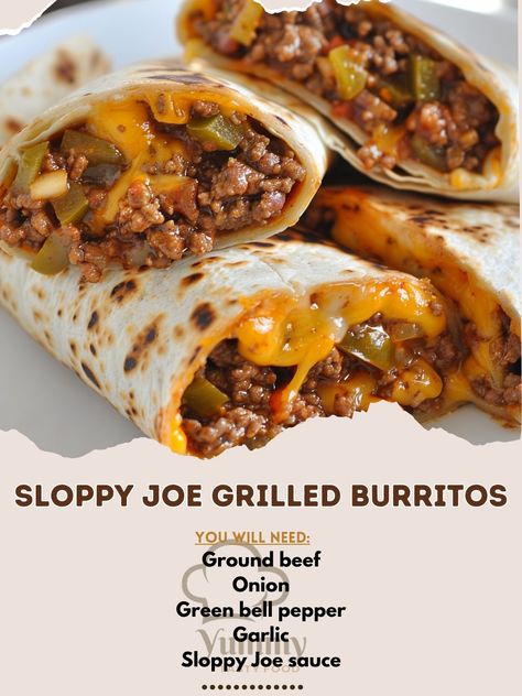 🌯🔥 Try these delicious Sloppy Joe Grilled Burritos for a quick and tasty meal! #SloppyJoeBurritos #EasyRecipes Sloppy Joe Grilled Burritos Ingredients: Ground beef (1 lb) Onion (1, diced) Green bell pepper (1, diced) Garlic (2 cloves, minced) Sloppy Joe sauce (1 can, 15 oz) Tortillas (6 large) Cheddar cheese (2 cups, shredded) Olive oil (2 tbsp) Instructions: In a skillet, cook ground beef, onion, bell pepper, and garlic until beef is browned. Add Sloppy Joe sauce and simmer for 10 minute... Sloppy Joe Grilled Burritos, Cheesy Burritos, Grilled Burritos, Mexican Recipies, Sloppy Joe Sauce, Green Bell Pepper, Burritos Recipe, Sloppy Joe, Insta Pot