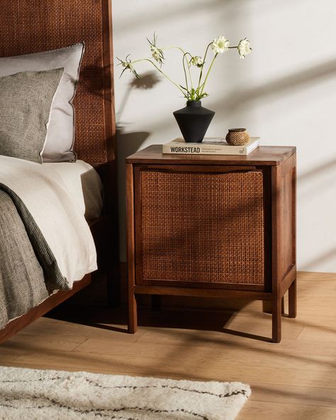 Brown-washed mango encases inset woven cane, for a light, textural look with monochromatic vibes. Removable interior shelf offers clever convenience. Option to pair with matching left nightstand.Product Overview Color: Brown Wash Dimensions: 20"W x 16"D x 23.5"H Material: Solid Mango, Cane Weight: 30.86 lb Orange Ideas, Large Nightstand, Sydney Brown, Nightstand Decor, Wood Nightstand, Solid Mango Wood, Kathy Kuo Home, Four Hands, Warm Brown