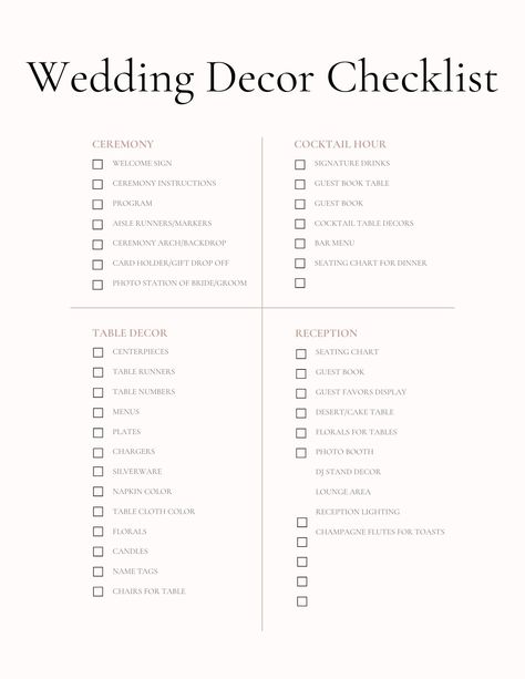 Customizable wedding decor checklist. Checklist For Wedding Decorations, Wedding Decorating Checklist, Wedding Checklists Planning, Wedding Set Up Checklist, Wedding Detail Checklist, Wedding Day Signage Checklist, Wedding Decorations List, Best Wedding Tips, Wedding Decoration List