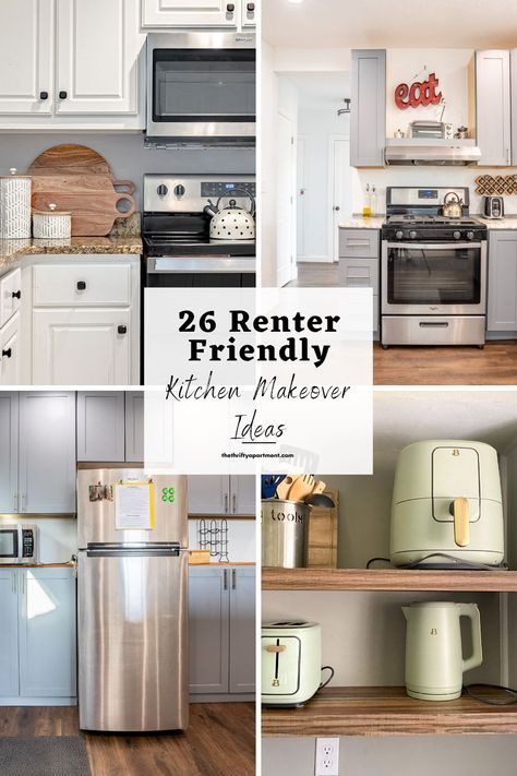 Spice up your kitchen with style and functionality with these quick and easy DIY renter-friendly kitchen makeover ideas that are completely reversible. #kitchenmakeover #renterfriendlykitchenupdates #kitchenapartment Kitchen Cabinet Decal Ideas, Renters Kitchen Ideas, Renter Friendly Countertops, Ugly Kitchen Decorating Ideas, Small Kitchen Ideas Renter Friendly, Rental Kitchen Makeover Temporary, Renter Friendly Patio Ideas, Diy Renter Friendly Kitchen, Renter Decor