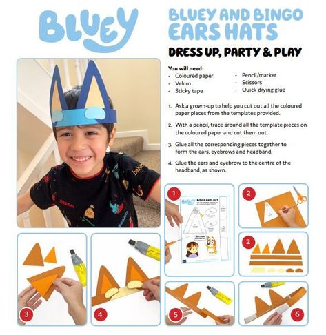 Bluey and Bingo Ear Hats Also includes Chloe, Coco, Lucky and Mackenzie, Ears Hats Blue Heeler Dog, Bingo Party, Heeler Dog, Bluey Party, Abc Kids, Bluey And Bingo, Budget Crafts, 2nd Birthday Party Themes, Abc For Kids