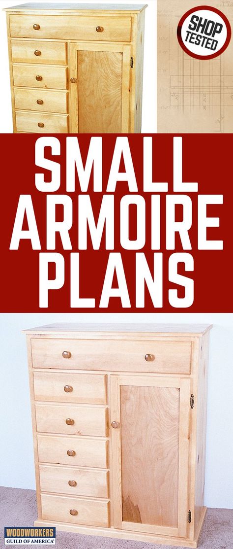 Just the right size for a child’s room, this handsome woodworking project adds valuable storage space wherever it’s used. Six roomy drawers are complemented by a big storage cabinet that can also be used as a wardrobe for hanging clothes. Armoire Plans, Woodworking Plans Patterns, Wood Armoire, Woodworking Plans Beginner, Wood Crafting Tools, Woodworking For Kids, Easy Wood Projects, Woodworking Plans Diy, Popular Woodworking