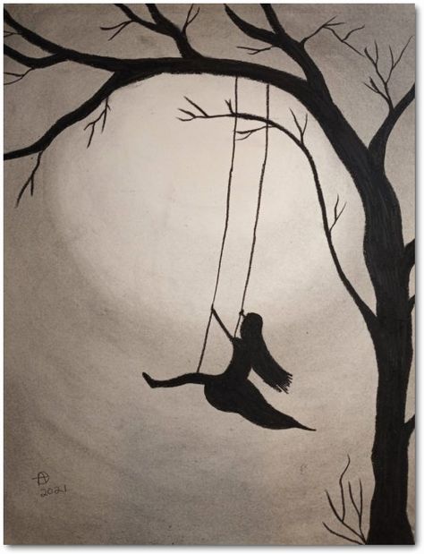 A charcoal drawing/illustration of a girl swinging in a tree swing. #art #arts #artwork #draw #drawing #drawings #illustrations #illustration #swing #swings Eras Tattoo, Person Sitting Under Tree Drawing, Swings Reference, Swings Drawing, Sillouttes Images Women, Lady Swinging Painting, Swing Drawing, The Swing Painting, Girl Swinging