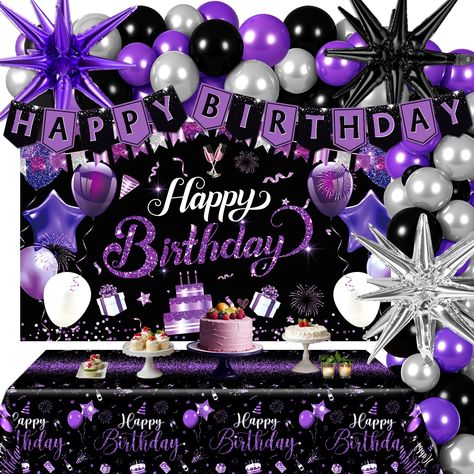 PRICES MAY VARY. 💜👑Package includes: Our black-purple birthday decorations include various items to satisfy all your decoration needs. You'll receive 1pc black purple birthday party banner, 1pcs black purple birthday balloons , 1pc birthday tablecloth, a purple birthday balloon arch kit including 55pcs number latex balloons(15 purple, 20 black, and 20 silver) and 3pcs explosion star balloons 🖤👑Exquisite Appearance: The combination of black and purple colors in our purple-silver birthday deco Black And Silver Balloons, Silver Birthday Decorations, Purple Birthday Party Decorations, Purple Birthday Decorations, Hotel Room Decoration, Birthday Photo Background, Purple Happy Birthday, Purple Party Decorations, Birthday Deco