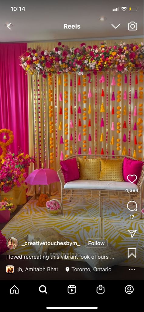 Mendhi Stage Decor At Home, Hindi Wedding Decor, Pink And Yellow Mehendi Decor, Indian Photo Backdrop, Mendhi Decor Ideas At Home, Mehendi Night Decoration At Home, Mehndi Decor Indoor, Home Mehendi Decor Ideas, Mehendi Decor Home