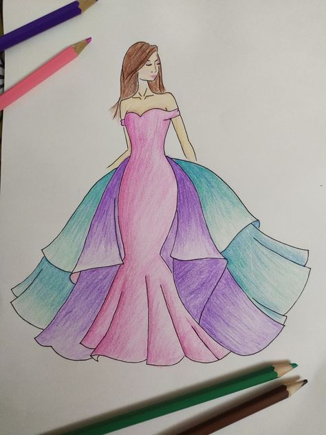 A fresh and colourful pencil art gown fashion design sketch. Dress Pencil Sketches, Frock Design Drawing, Fashion Illustration Sketches Dresses Outfit, Gown Drawing Sketches Easy, Doll Dress Drawing, Fashion Drawing Dresses Sketches Design Illustrations, Gown Drawing Sketches, Gown Sketches Design, Dress Shading