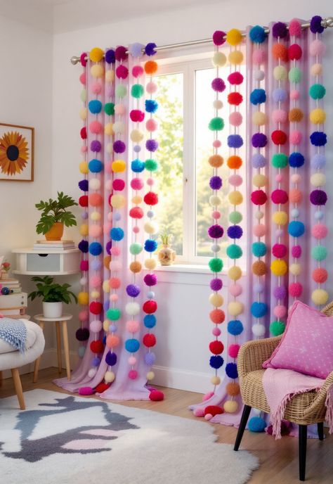 Boho Bedroom Curtains ideas Unusual Curtain Ideas, Pom Pom Curtains Diy, Girls Room Curtain Ideas, Diy Boho Curtains Living Room, Kids Room Curtain Ideas, Boho Curtain Ideas, Boho Bedroom Curtains, Boho Curtains Living Room, Collages Aesthetic