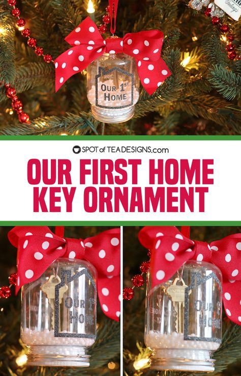 our first home key ornament using Cricut vinyl | spotofteadesigns.com First Apartment Ornament Diy, First Apartment Christmas Ornament, First Home Ornament Diy, First Home Christmas Ornament Diy, House Key Ornament Diy, House Key Christmas Ornament, Htv Crafts, New Home Christmas Ornament Cricut, House Key Ornament