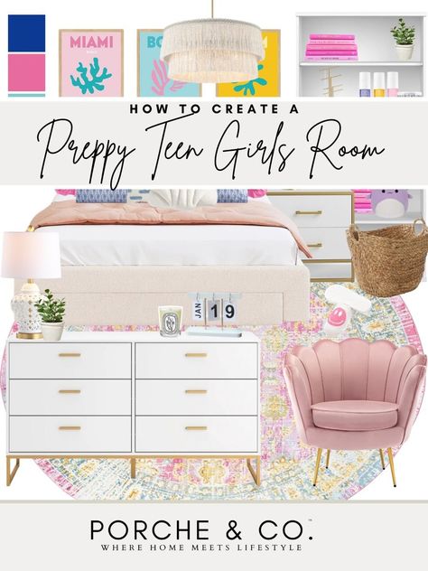 Trendy Teen Girl Bedroom, Black And White Bedroom Ideas With Color, Preppy Girl Bedroom, Boho Preppy Bedroom, Preppy Girls Bedroom, Girls Bedroom Mood Board, Preppy Teen Room, Bedroom With Gold Accents, Preppy Teen Bedroom