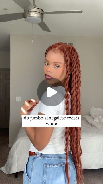 morgan ⋆𐙚₊˚⊹♡ on Instagram: "jumbo senegalese twists have been my go-to style for the past few years & i surprisingly have never posted a video with them lol so here ya go ☺️ #jumbotwists #senegalesetwists #ropetwists #gingerhair #explore #explorepage #exploremore" Senegalese Twist How To, Protective Hairstyles Braids Blonde, Senegalese Twists Curly Ends, Chunky Senegalese Twists, Jumbo Twist Parting Pattern, Diy Senegalese Twist, Sengalese Twists Large, Extension Twists Hairstyles, How To Style Senegalese Twist