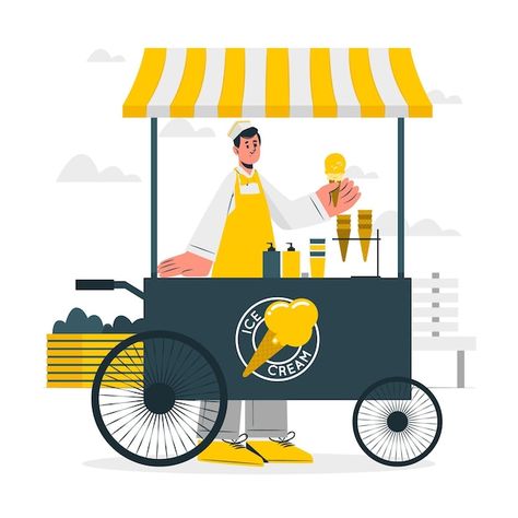 Ice Cream Seller, Draw Ice Cream, Ice Cream Car, Ice Cream Factory, Ice Cream Illustration, Work Food, Gelato Ice Cream, Ice Cream Man, Ice Cream Cart