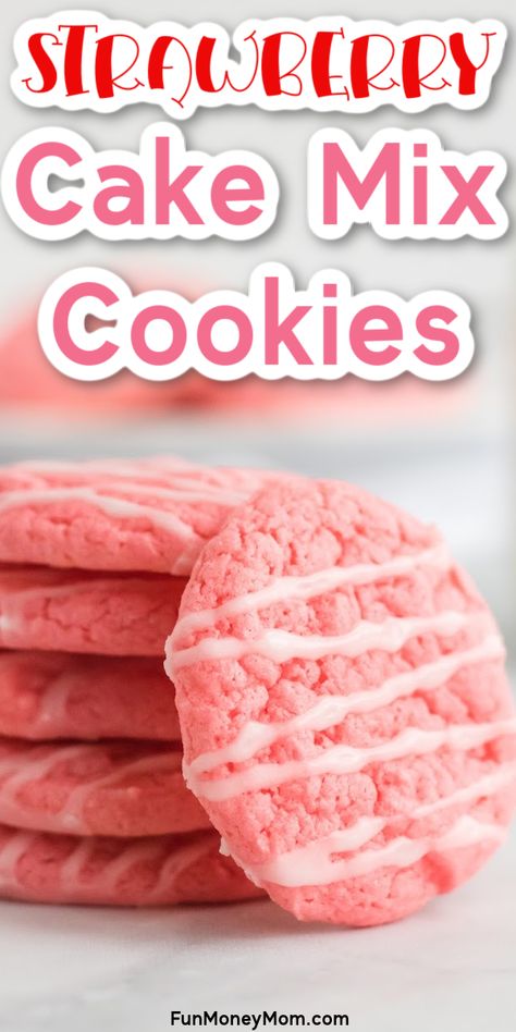 Strawberry Cake Cookies, Drizzle Icing, Cheesecake Cookies Recipes, Strawberry Cake Mix Cookies, Bake Sale Treats, Dessert Cookies, Pink Desserts, Bake Sale Recipes, Strawberry Cake Mix