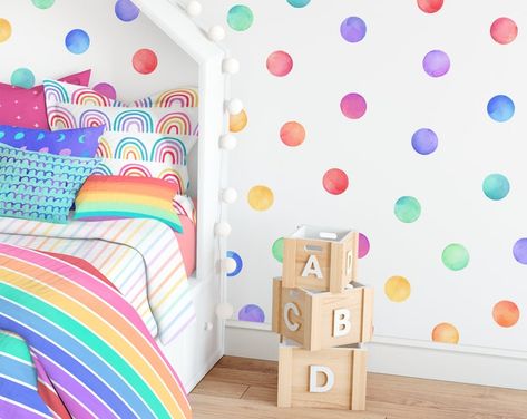 KennaSatoDesigns - Etsy Polka Dot Wall Mural, Rainbow Playroom Wall, Rainbow Decal Kids Room, Rainbow Mural Kids Room, Rainbow Wall Paint, Rainbow Room Kids Girl Bedrooms, Polka Dot Accent Wall, Rainbow Toddler Room, Kids Rainbow Bedroom