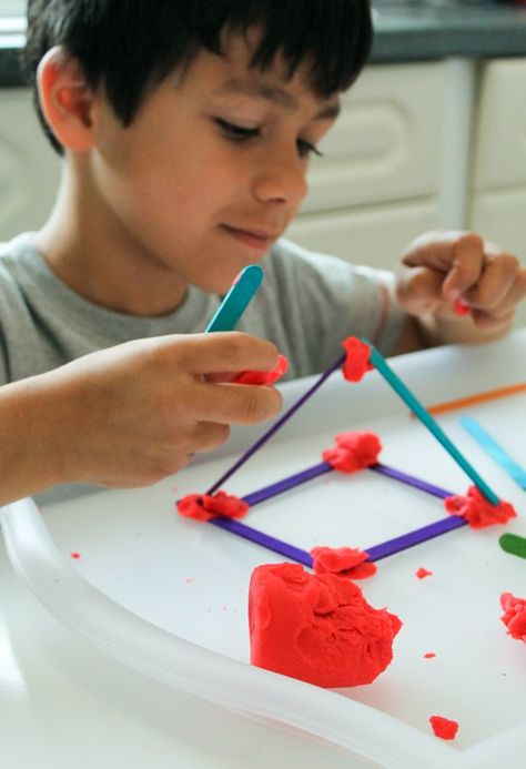 Building 2D & 3D Shapes with Craft Sticks - In The Playroom Building Structures Preschool, Building Study Activities Preschool, Building Preschool Theme, Preschool Building Crafts, Shape Projects For Preschoolers, Building Activities For Toddlers, Building Crafts For Preschool, Steam Activities For Toddlers, Community Activities For Kids