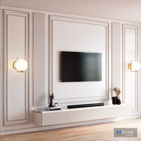 Tv Wall Ideas Living Room Panelling, Wall Tv Panel Design, Wall Design For Tv Unit, Tv Wall Design Traditional, 3d Tv Wall Design, Home Tv Unit Design, Back Tv Wall Decor, Timeless Tv Wall Design, Neo Classical Tv Unit Design