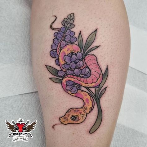 Kawaii snake tattoo by Charlotte Ann Harris done with #magnumtattoosupplies 🐍 . . #snaketattoo #cutesnaketattoo #lupinetattoo #flowetattoo #cutetattoo #colchestertattoo Instagram: charlotteannharris 👈🏻 Hognose Snake Tattoo, Girly Snake Tattoo, Kawaii Snake, Hognose Snake, E Tattoo, Snake Tattoo, Tattoo Supplies, By Charlotte, Cute Tattoos