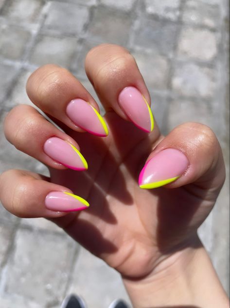 Neon Nails Oval Shape, Neon Pink And Yellow French Tip Nails, Neon Nail Art Designs Simple, Neon Pink Tips Acrylic Nails, Pink And Neon Nails, Neon Nails Pink And Yellow, Fluorescent French Tip Nails, Neon Pink Nails French Tip, White Nails With Neon Tips