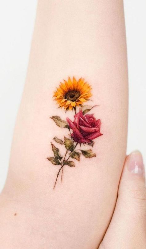 A stem of sunflower and rose tattoo Sunflower And Roses Tattoo Design, Small Rose And Sunflower Tattoo, Sunflower With Roses Tattoo, Sunflower Rose Tattoo, Rose And Sunflower Tattoo, Sunflower And Rose Tattoo, Pink Peony Tattoo, Simple Unique Tattoos, Hydrangea Tattoo