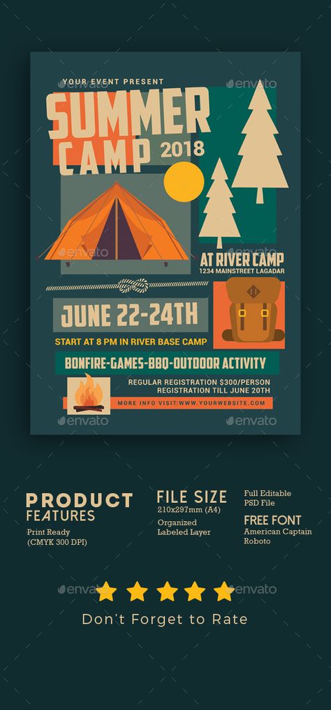 Summer Camp Flyer Template PSD. Download Sports Day Poster, Camp Flyer, Sports Activities For Kids, Camping Activities For Kids, Activities For Girls, Event Poster Design, Design Brochure, Kids Adventure, Camping Activities