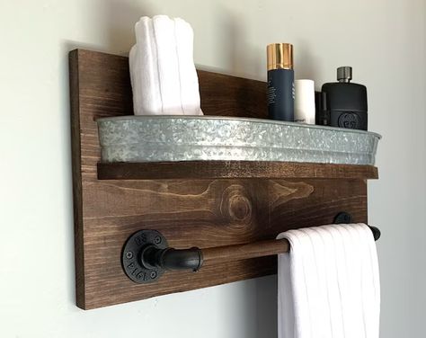 Diy Towel Bar Bathroom, How To Hang Hand Towels In Bathroom, Industrial Towel Holder, Wood Towel Bar, Farmhouse Bathroom Accessories, Production Ideas, Bathroom Shelf With Towel Bar, Tennessee House, Shelf Farmhouse