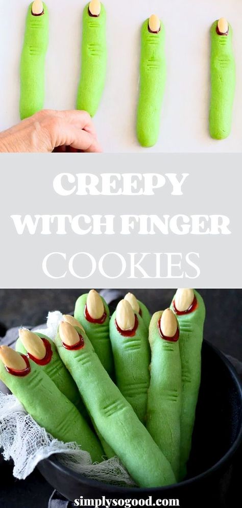 It’s almost scary how perfect these creepy witch finger cookies are as a Halloween treat. Buttery shortbread cookies are easy to make with green dye, and are finished with “bloody” red gel and almond finger nails. This witch finger cookie recipe is sure to be a spooky fun family tradition! Halloween Finger Cookies, Brownie Flavors, Witch Fingers, Witch Finger Cookies, Creepy Witch, Cookies For Halloween, Butter Shortbread Cookies, Halloween Finger, Finger Cookies