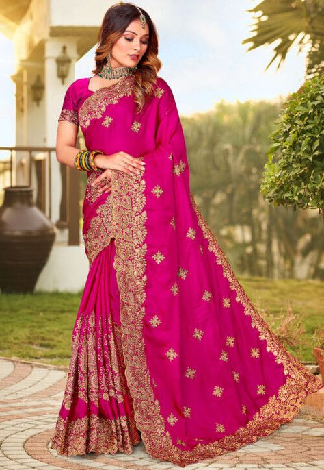 Buy Embroidered Satin Saree in Magenta Online : SCBA4623 - Utsav Fashion Pink Satin Saree, Classic Saree, Celebrity Gowns, Heavy Work, Embroidered Saree, Half Sleeve Blouse, Ethnic Looks, Satin Saree, Utsav Fashion