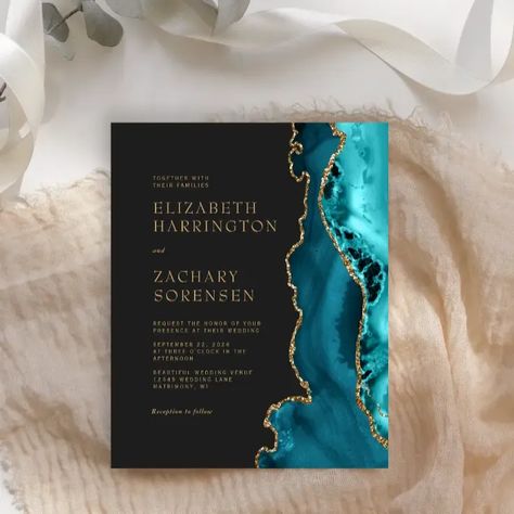 Budget Teal Blue Agate Gold Wedding Invitation Silver Wedding Invitation, Popular Wedding Invitations, Geode Wedding, Silver Invitation, Silver Wedding Invitations, Elegant Modern Wedding, Agate Wedding, Budget Wedding Invitations, Modern Wedding Invitation