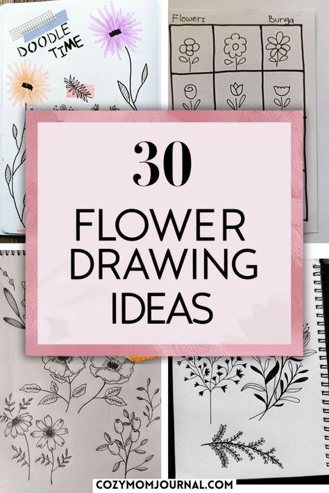 30 flower drawing ideas shown with sketches and doodles of various flowers. Creepy Flower Art, Step By Step Flower Drawing Easy, How To Draw Wild Flowers, Ink Doodles Sketchbooks, Hand Drawn Flowers Simple, Wildflower Sketch Simple, Flower Doodles Easy Step By Step, Wild Flower Drawing Simple, Easy Pen Drawings For Beginners