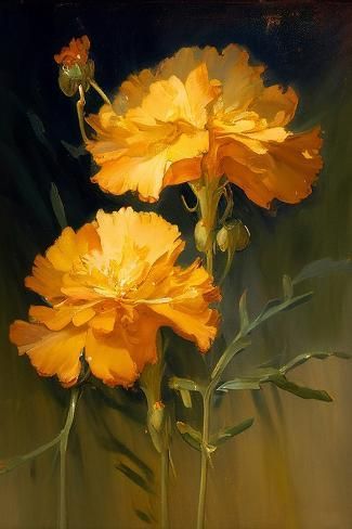 size: 18x12in Art Print: Marigold I by Vivienne Dupont : Vivienne Dupont Art, Marigold Flower Painting, Marigold Aesthetic, Orange Flowers Painting, Marigold Painting, Marigold Art, Yellow Flower Painting, Bloom Painting, Yellow Flowers Painting