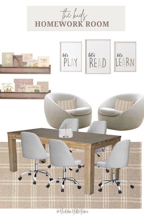 Homework room for kids with a table for school projects and swivel chairs for a reading nook area Kids Homework Room Study Areas, Kids Homework Room, Homework Table, Kids Study Area, Homework Nook, Homework Space, Homework Desk, Homework Area, Rolling Desk Chair