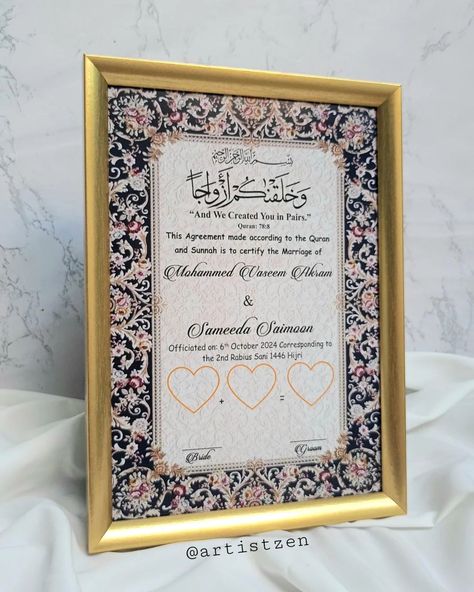 Personalised Nikah Certificate 💫 . . #nikahframes #printednikahcertificate #frames #islamicart Nikah Agreement Frame, Nikah Frame, Nikah Certificate, Wedding Couple Cartoon, Bridal Dress Design, Couple Cartoon, Wedding Couple, Calligraphy Art, Bridal Dress