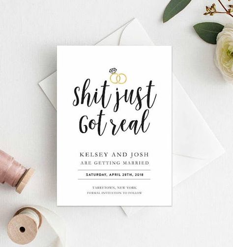 20 Save-the-Date Ideas That Are Anything But Boring | Brit + Co Save The Date Quotes, Funny Save The Date Ideas, Wedding Cricut, Rhodes Wedding, Distillery Wedding, Yellow Weddings, Funny Save The Dates, Spring Wedding Ideas, Wedding Features