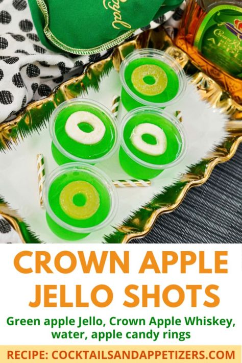 Crown Apple Jello shots are so easy to make. 3 ingredients for these tasty treats for parties! Green Jello, Crown Apple and water plus apple candy for garnish! #crownapplejelloshots #jelloshots #cocktails Crown Jello Shots, Apple Cocktail Garnish, Green Apple Cocktails, Apple Jello Shots, Summer Jello Shots, Slushy Alcohol Drinks, Apple Shots, Jello Shots Recipe, Crown Royal Drinks