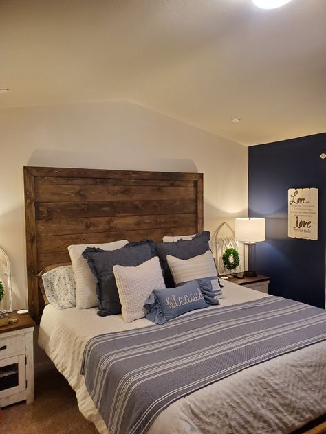 Stayed with navy blue. My dad made me a headboard to tie in the farmhouse style I love. Navy Blue Bedding, Western Bedroom Decor, Euro Pillows, Western Bedroom, Rustic Headboard, Wooden Bedroom, Farmhouse Master, Wooden Headboard, Diy Headboard