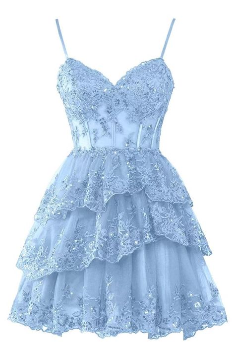 Winter Formal Dresses Tulle, Hoco Dresses Sweetheart Neckline, Ocean Blue Dress Short, Sweet 16 Birthday Party Outfits, After Quince Dress, Periwinkle Dress Short, Cute Light Blue Dresses Short, Dress For School Party, Cute Flowy Hoco Dresses